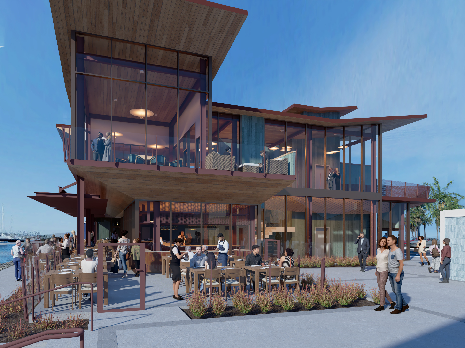 Alamitos Bay Landing restaurant courtyard 3D exterior rendering, Long Beach