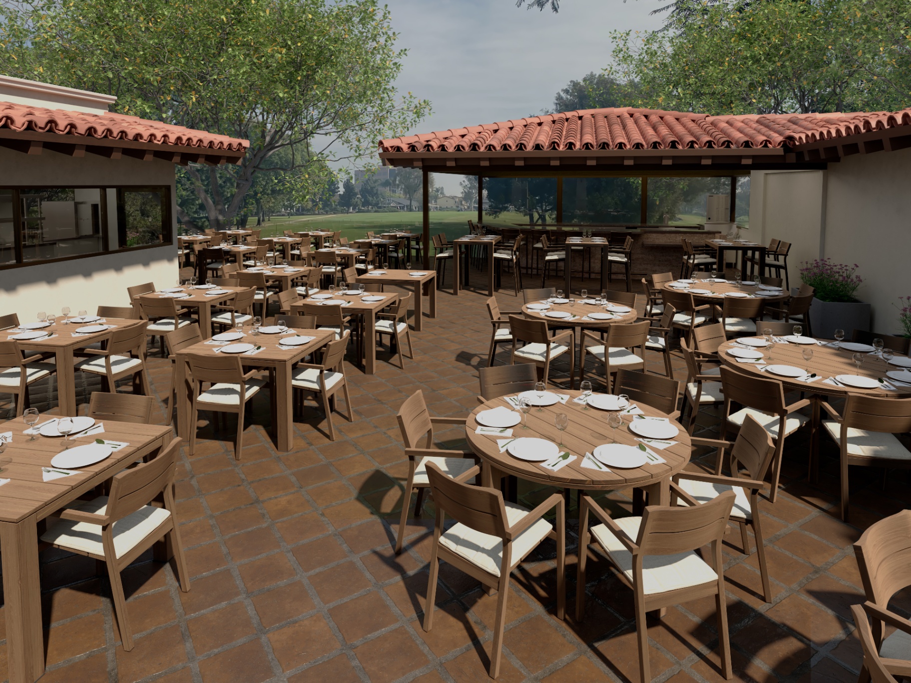 Virginia Country Club outdoor restaurant 3D rendering Long Beach California
